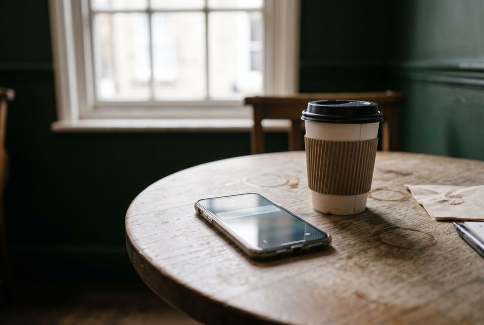 A smartphone on a café table with a softly blurred banking notification