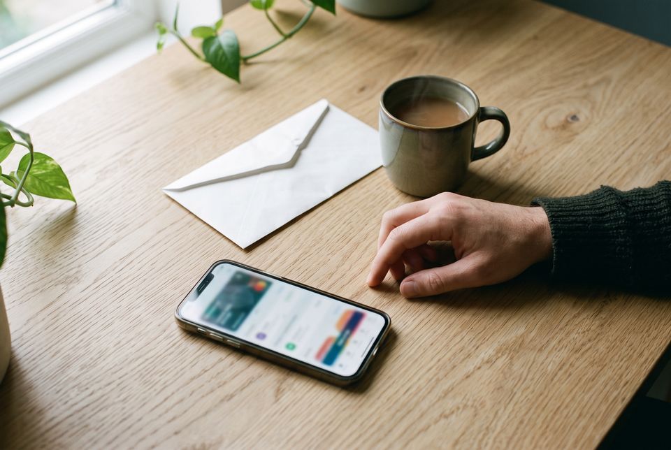 A smartphone with a softly blurred banking screen on a kitchen table beside a mug of tea and a paper statement