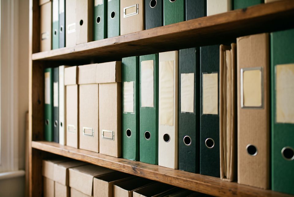 Labelled archive folders arranged neatly on a wooden shelf