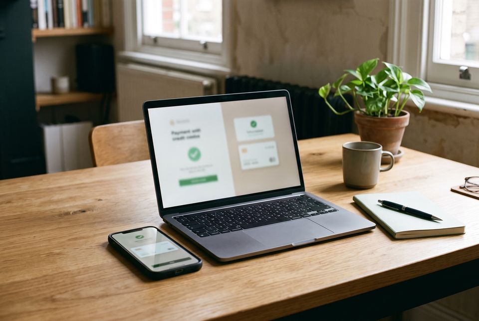 A laptop and a phone on a desk during an online payment, screens blurred
