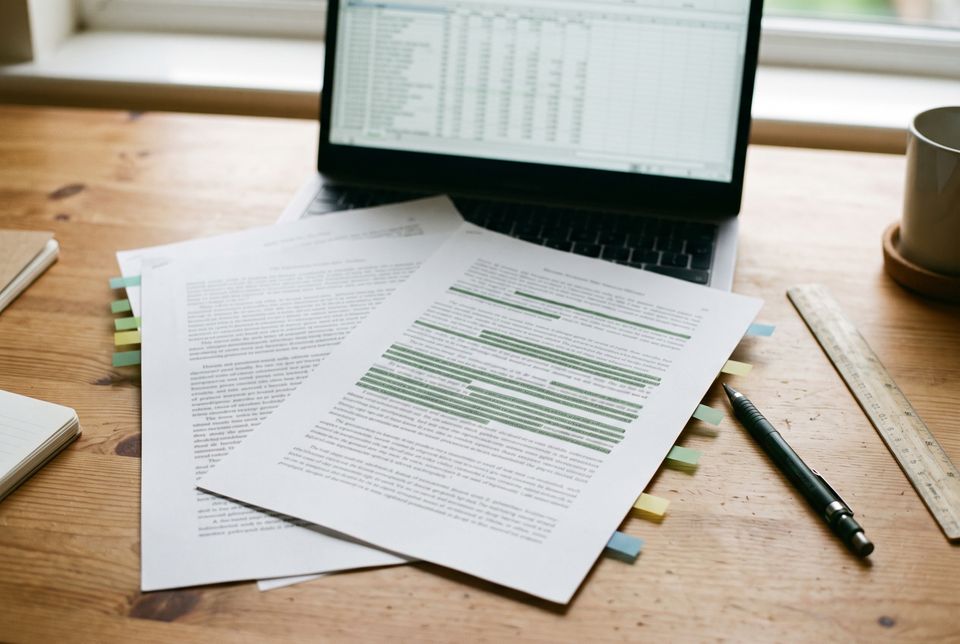 Printed help-centre pages with highlighter marks and sticky tabs on a research desk